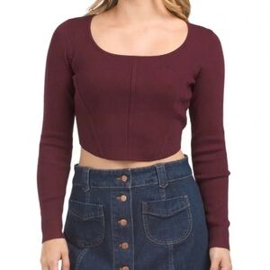 House of Harlow 1960 Burgundy Long Sleeve Ribbed Crop Top